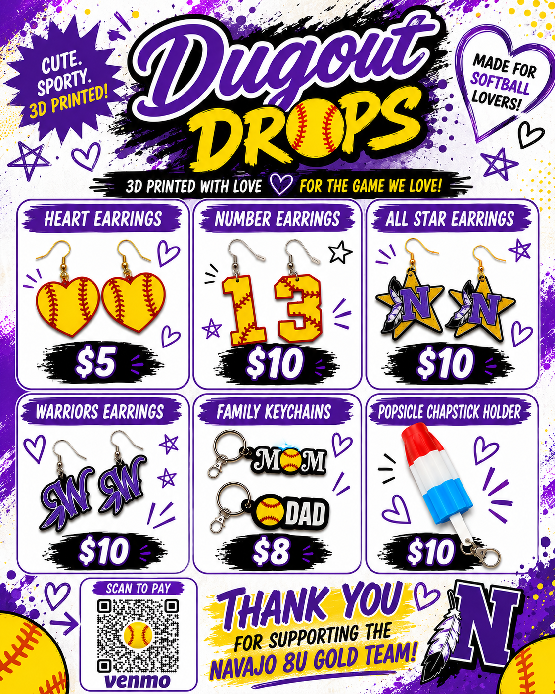 Dugout Drops sample lineup of softball earrings, keychains, and accessories